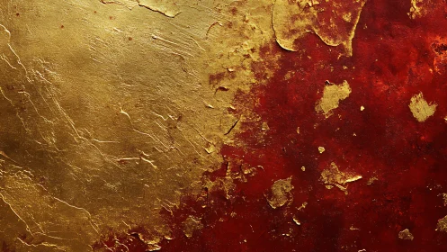 Metallic gold leaf erosion across textured crimson substrate