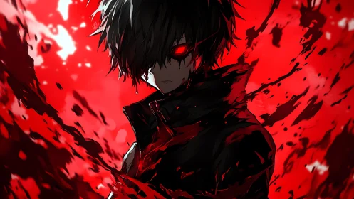 Dark anime figure amid red energy and glowing eyes.