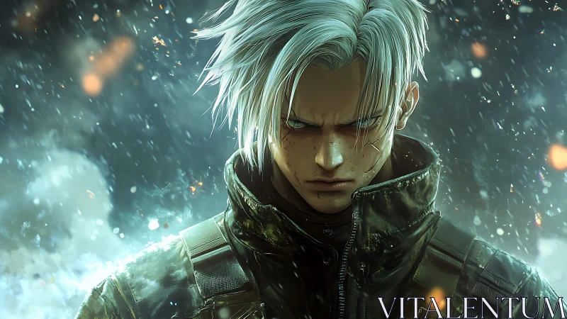 Brooding silver haired soldier stands in cinematic rainstorm