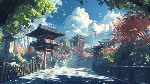 Sunlit temple stairs rise through lanterns and autumn trees