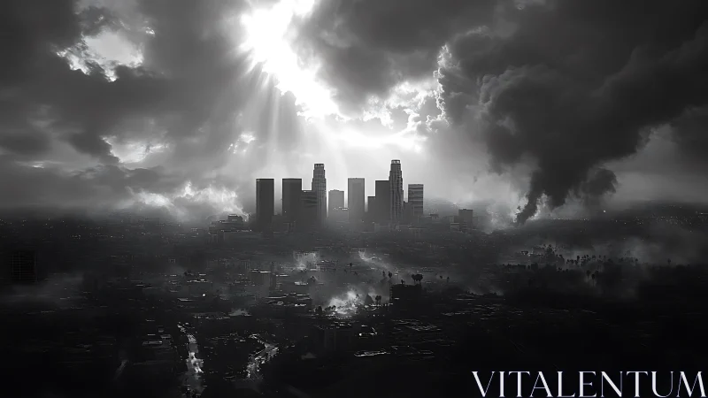 Monochrome city skyline beneath dense storm cloud cover.