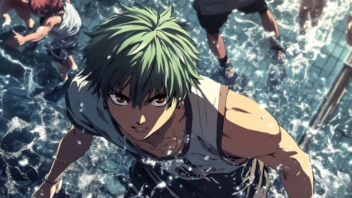 Dynamic overhead anime shot captures athlete in sunlit splashing water