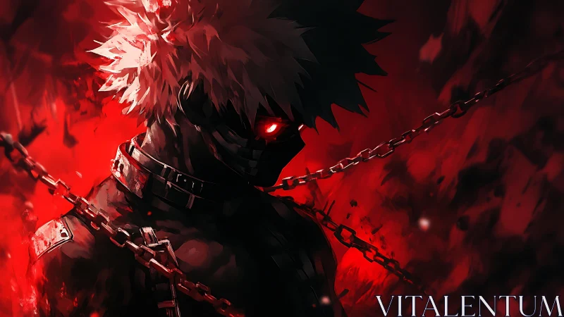 Masked dark warrior in chains against red inferno background.