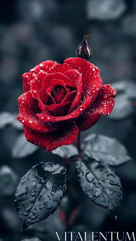 Crimson bloom with dewdrops, moody garden scene against grey