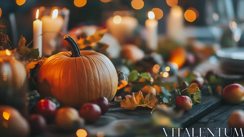 Warm autumn still life with pumpkin and candlelit tablescape.