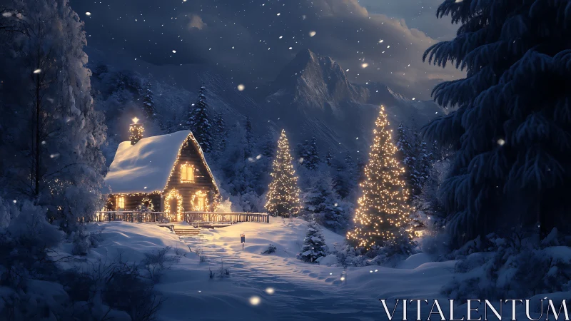 Snowy cabin with glowing Christmas lights at dusk.