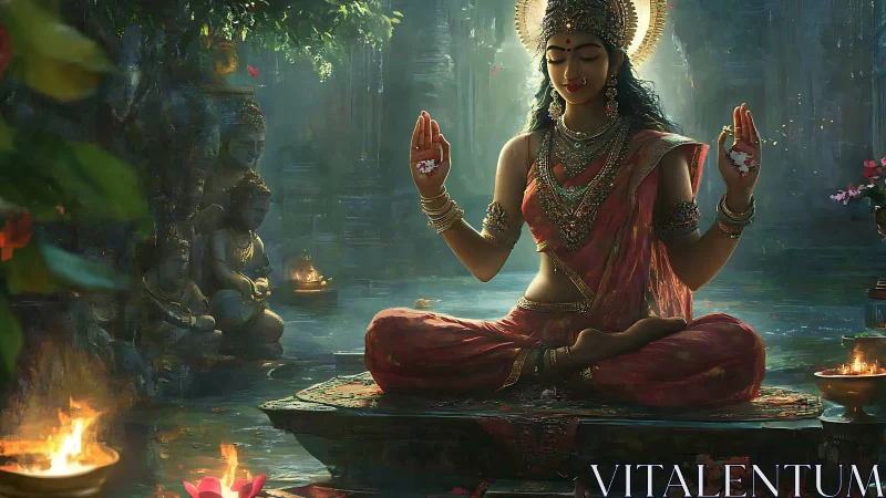 Luminous goddess in lotus trance above a lantern-kissed pool.