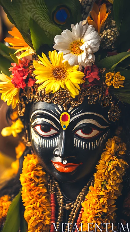 Flower-crowned deity portrait glowing in marigold dusk.