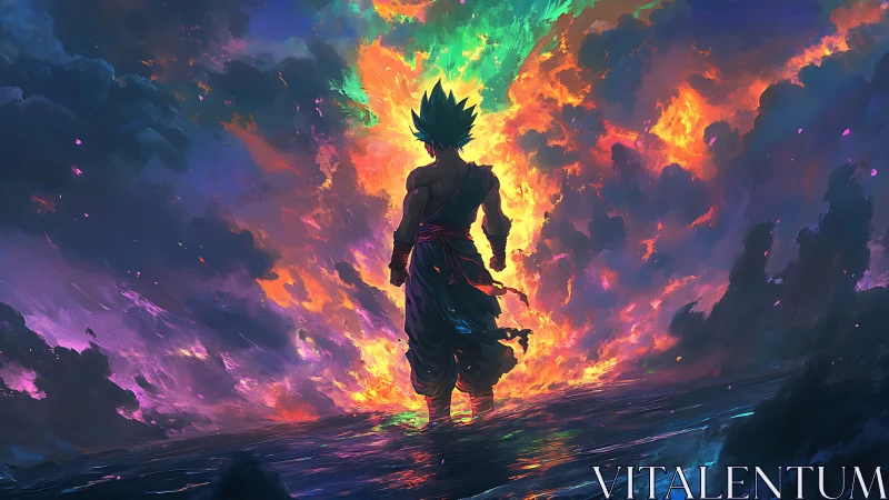 Silhouetted warrior before multicolored sky vortex scene.