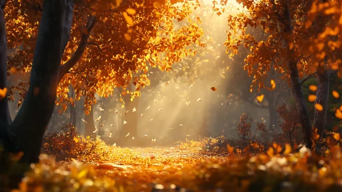 Golden autumn forest path glows under cascading sunlight