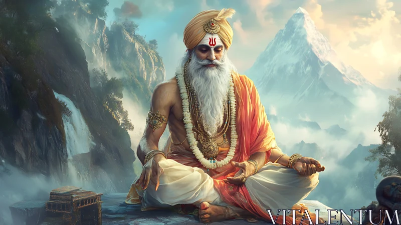 Himalayan sage in meditation on rocky peak at sunrise.