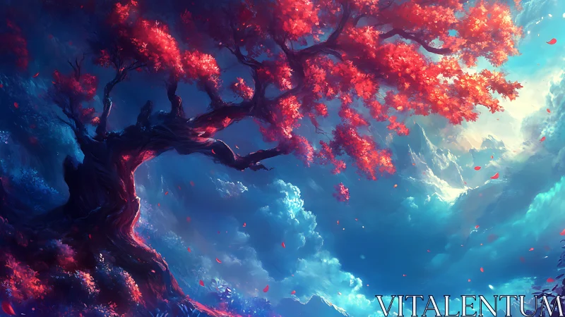 Spectral crimson canopy over luminescent cloud horizon.