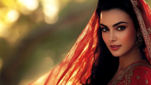 Portrait of elegant woman in red veil under golden bokeh light