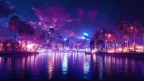 Neon city skyline glows over calm waterfront at midnight