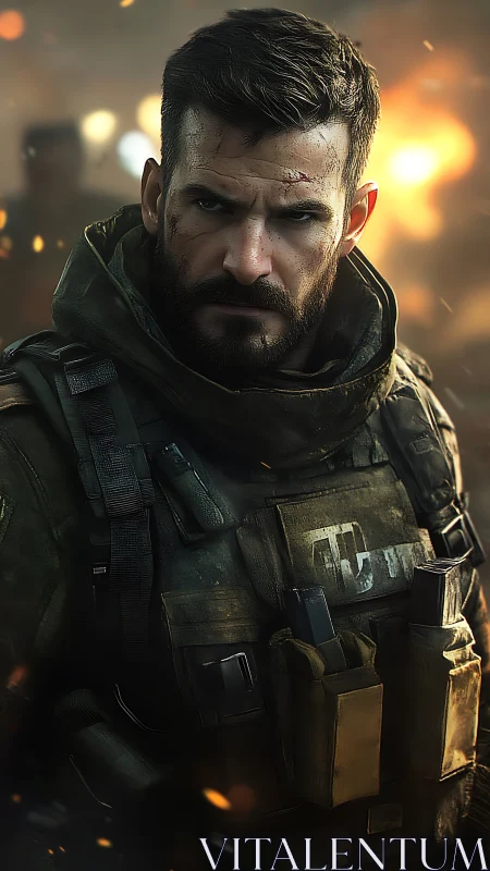 Battle-hardened soldier in tactical gear under fire.