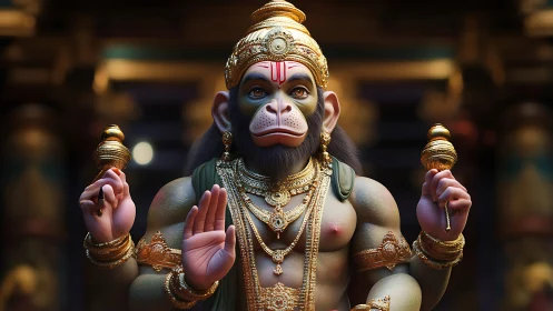 Simian deity figure in ornate temple interior lighting.