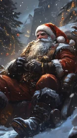 Weathered Santa resting in snow, cinematic winter close-up