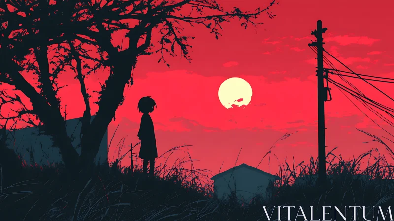 Silhouetted child stands under tree at red sunset sky