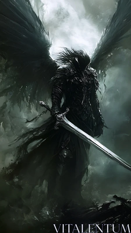 Shadow-winged fallen knight with sword in storm haze.