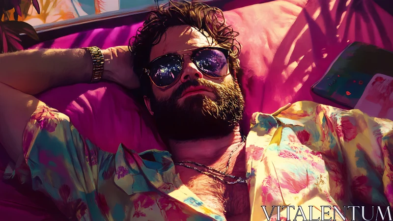 Bearded man in reflective sunglasses reclines under saturated tropical light