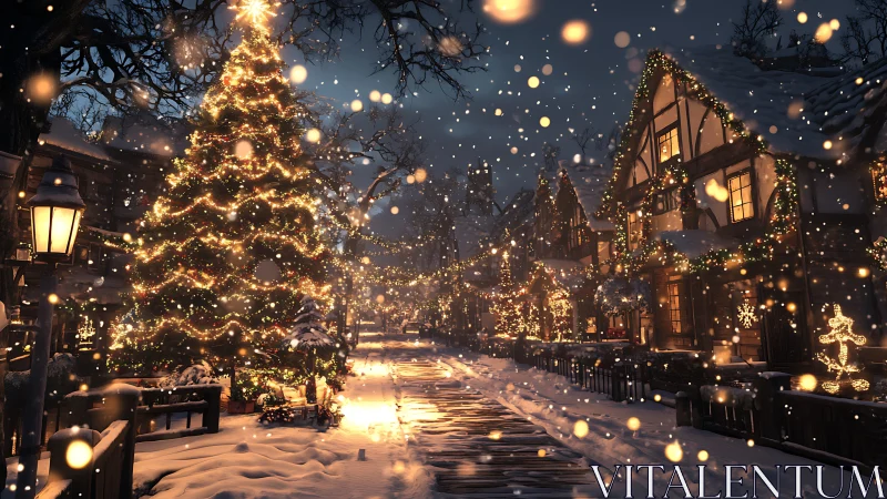 Snowy village Christmas tree glows warmly in winter dusk