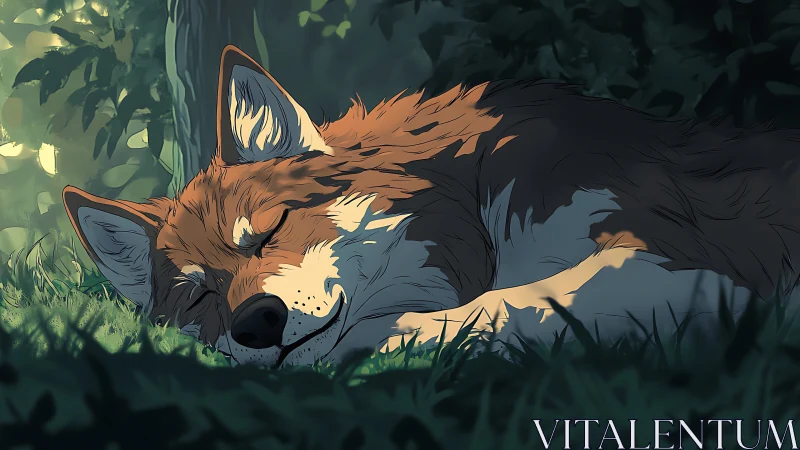 Corgi resting in stylized forest light with soft shadows.