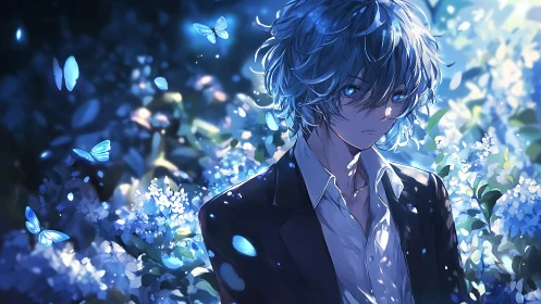 Blue haired anime boy amid luminous butterflies and florals