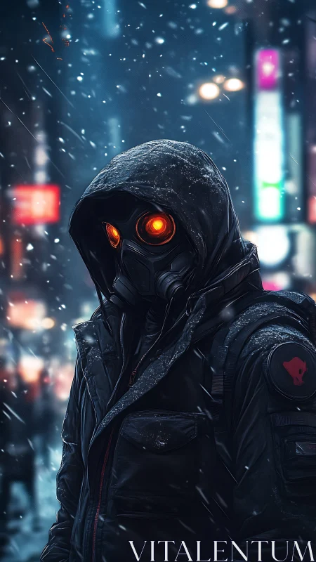 Hooded gasmask figure with glowing eyes in neon snowstorm