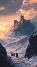 Distant fortress on snowy mountain ridge under sunset sky.