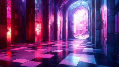 Neon-illuminated reflective corridor with tiled archway portal