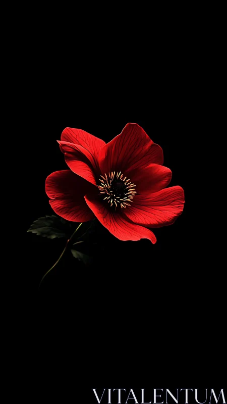 Red poppy flower blooms with radiant beauty against black
