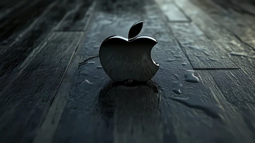 Metallic apple logo on wet reflective wooden floor surface.