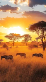 Zebras graze in tall golden grass under intense African sunset