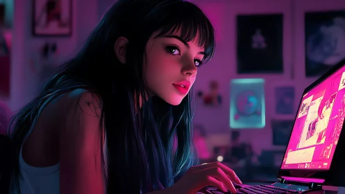 Girl works on neon laptop in dim bedroom interior