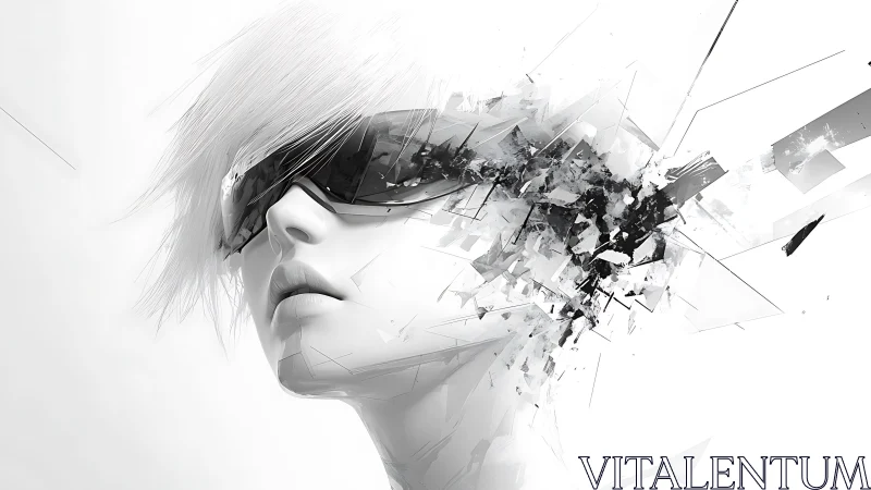 Augmented cyborg portrait dissolves into fractured data shards