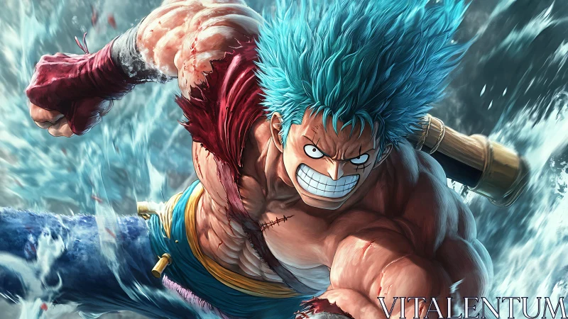 Turbulent blue‑haired brawler punching through ocean fury.