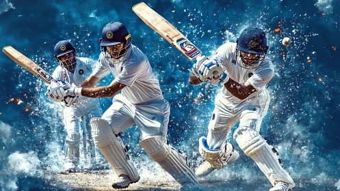 Cricket batsmen in sequential motion against blue backdrop.