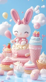 Whimsical 3D Bunny Character Surrounded by Confectionery and Playful Elements