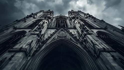 Gothic cathedral façade in dramatic low-angle photorealism.