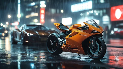 Orange sport motorcycle stands on wet city street at night