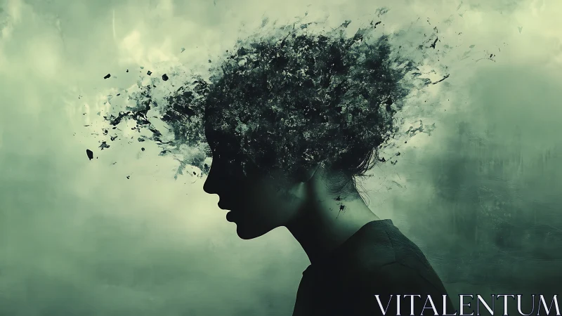 Silhouette side profile with head dissolving into fragments.