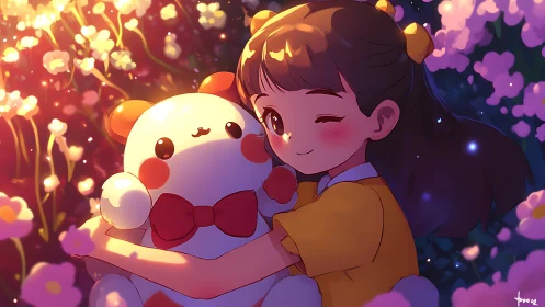 Warm anime girl hugging plush toy in glowing flowers.