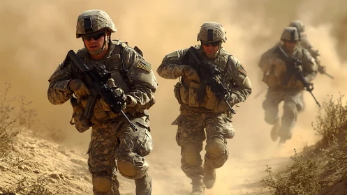 Soldiers run through dusty terrain in full combat gear
