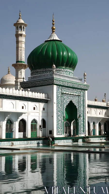 Green-domed mosque reflects over still courtyard pool