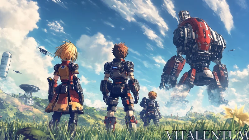 Rookie mecha scouts greeting a sky-scraping steel guardian.