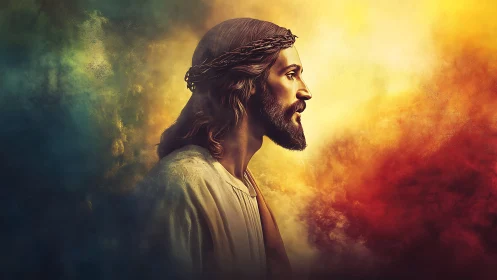 Solemn side portrait of Christ amid radiant sacred light