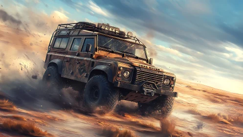 Off-road utility truck powers through dusty desert terrain