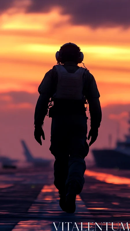 Silhouetted deck crew member walks toward vivid carrier sunset