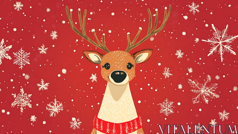 Festive reindeer smiles amid swirling snowflakes on red