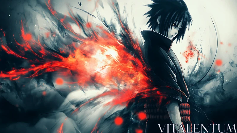 Fiery anime warrior releases swirling crimson power burst